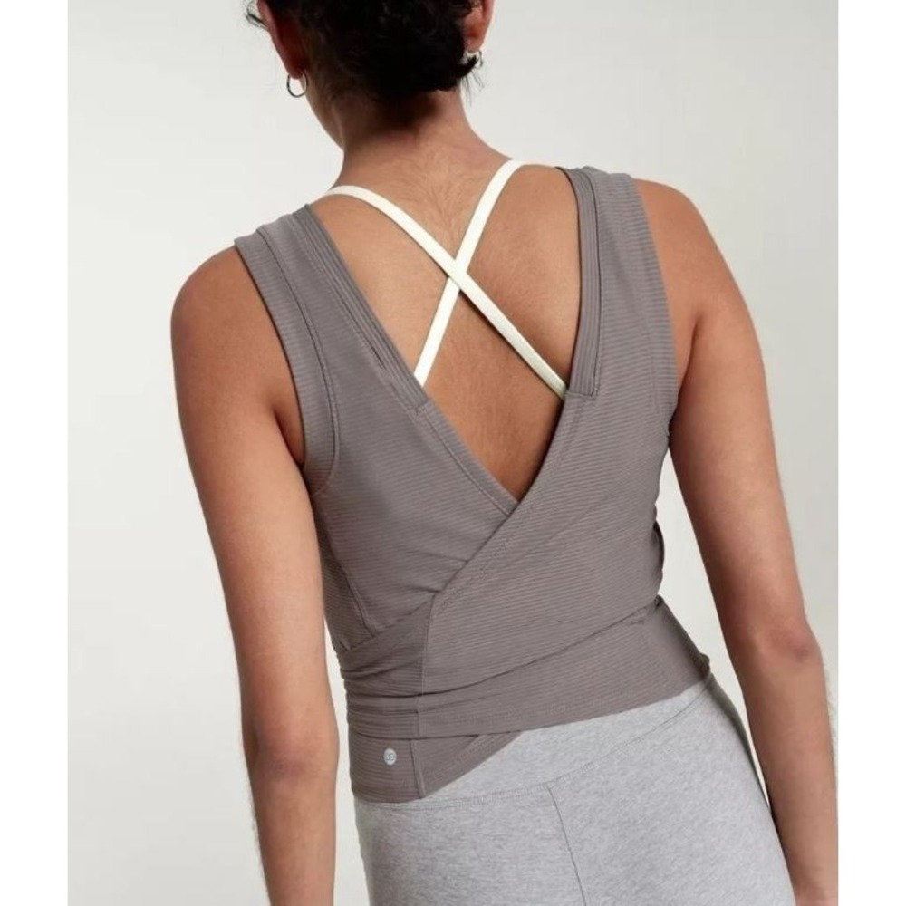 Calia Women's Crop Wrap & Tie Sleeveless Ribbed Crew Tank in Dark Grey Size XL